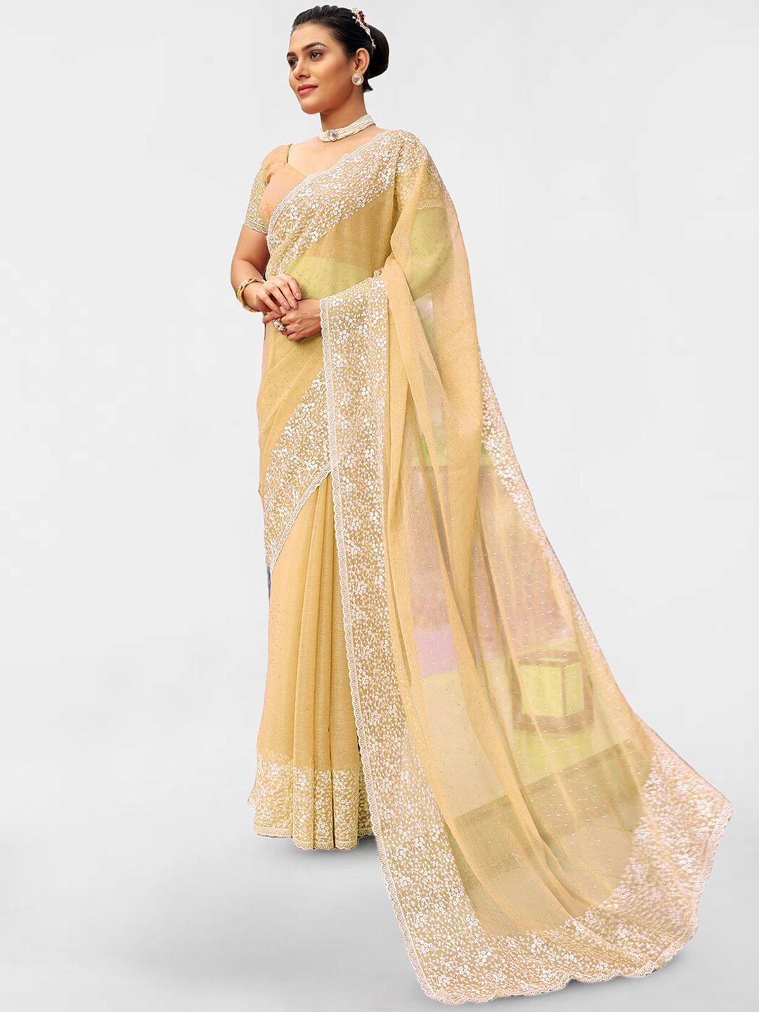 satrani yellow & white embellished beads and stones poly chiffon saree
