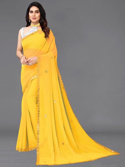 satrani yellow embellished saree with unstitched blouse