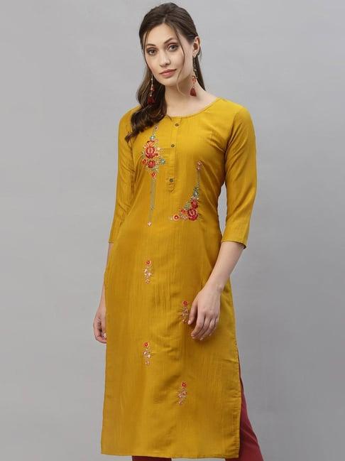 satrani yellow embroidered straight kurta