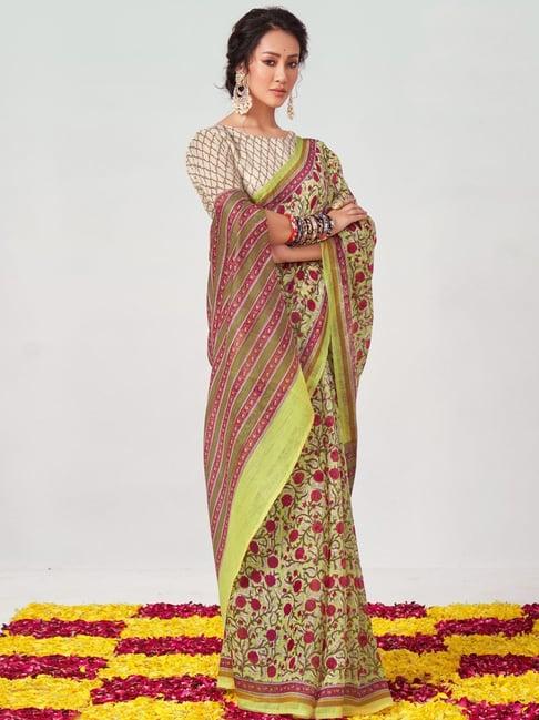 satrani yellow floral print saree with unstitched blouse