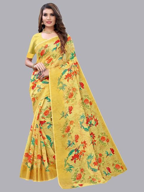 satrani yellow floral saree with unstitched blouse piece