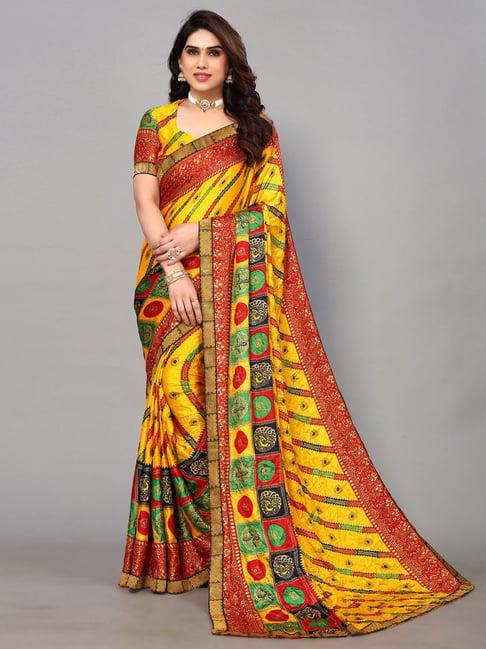 satrani yellow printed saree with unstitched blouse