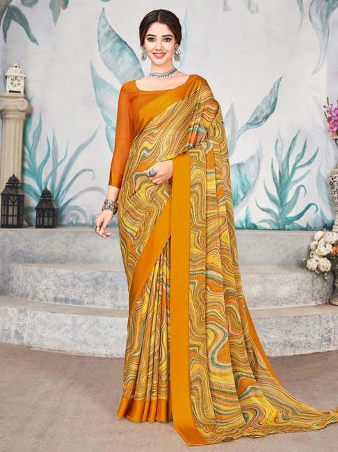 satrani yellow printed saree with unstitched blouse