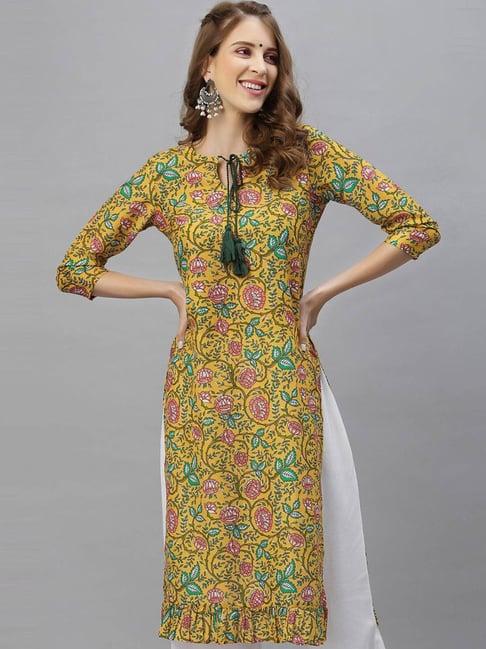 satrani yellow printed straight kurta