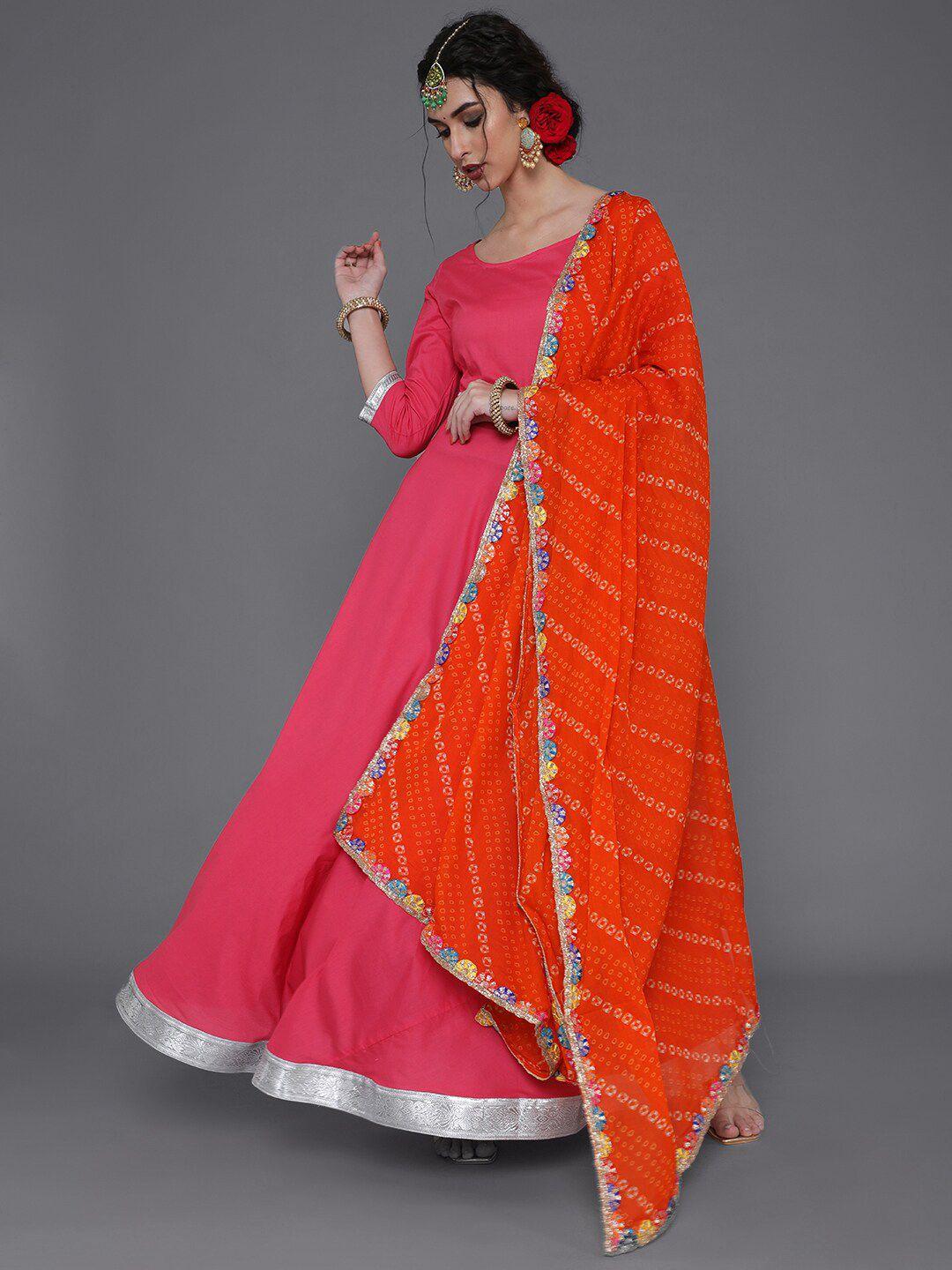 saubhagya women magenta & orange solid ethnic cotton maxi dress with bandhani dupatta