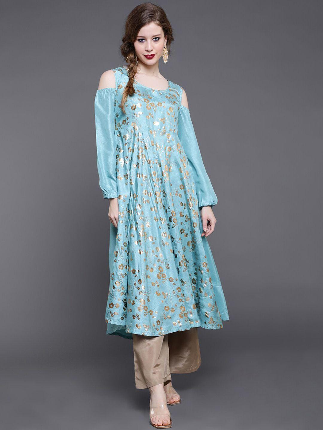 saubhagya floral foil printed cold-shoulder sleeves anarkali kurta