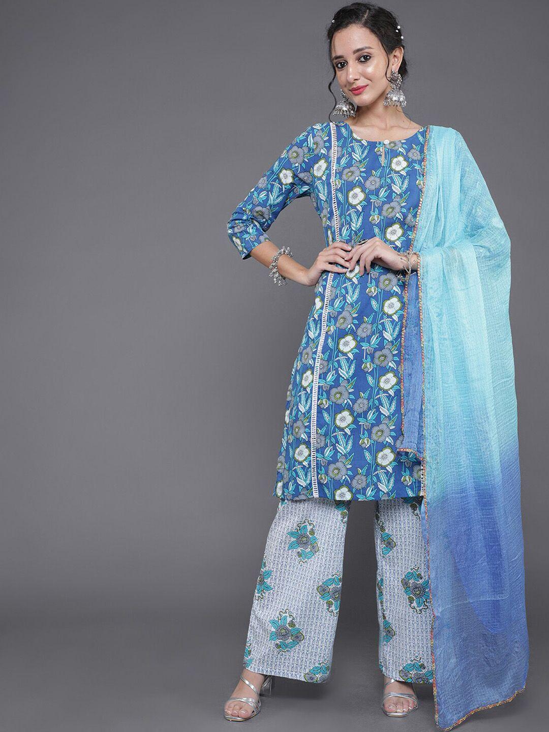 saubhagya floral printed pure cotton kurta with palazzos & dupatta