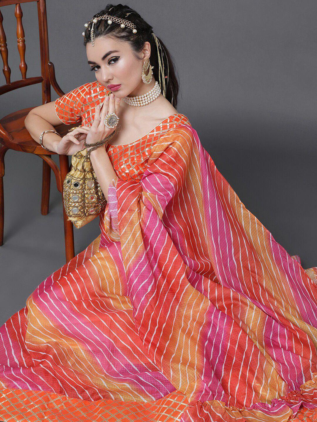 saubhagya orange & pink ready to wear lehenga & blouse with dupatta