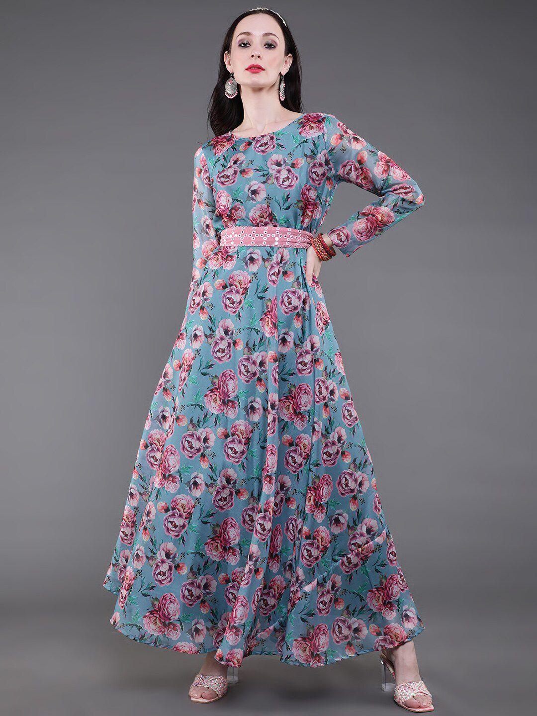 saubhagya women blue & pink floral printed maxi dress