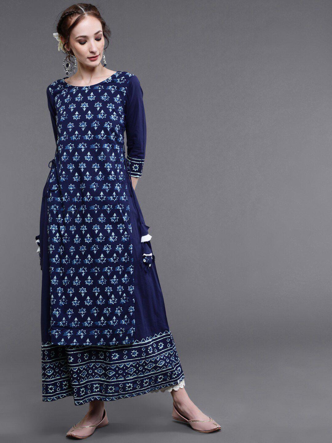 saubhagya women blue ethnic motifs layered cotton maxi dress