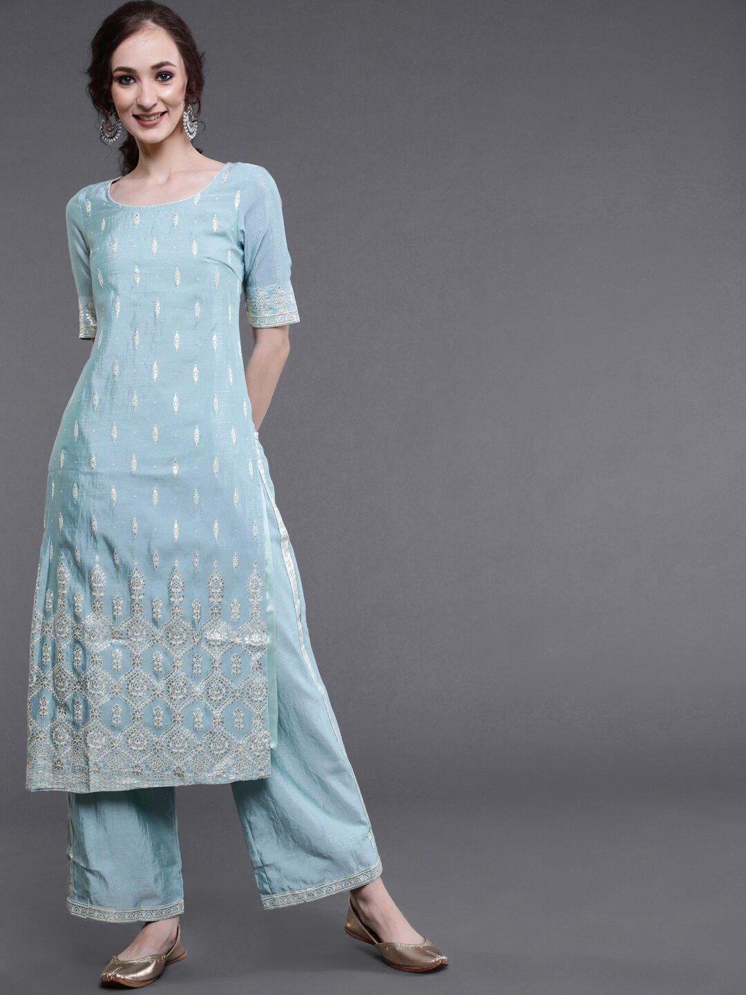 saubhagya women blue foil printed chanderi silk kurta with palazzos