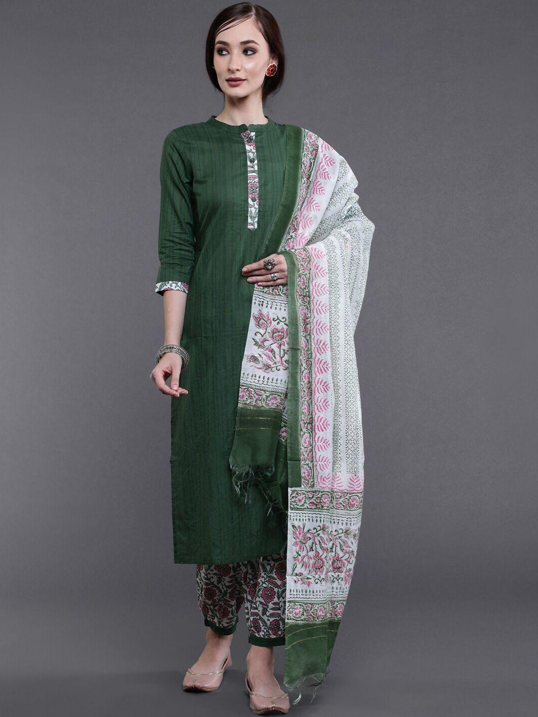 saubhagya women green & white floral printed pure cotton kurta set