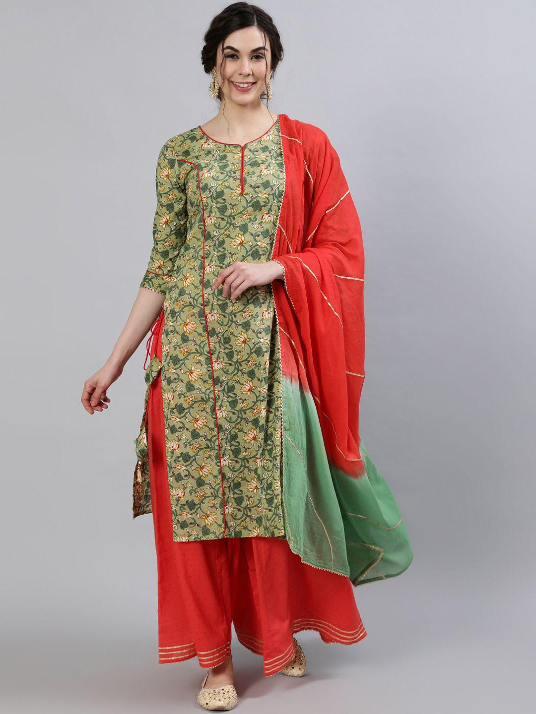 saubhagya women green floral printed pure cotton kurta set with dupatta
