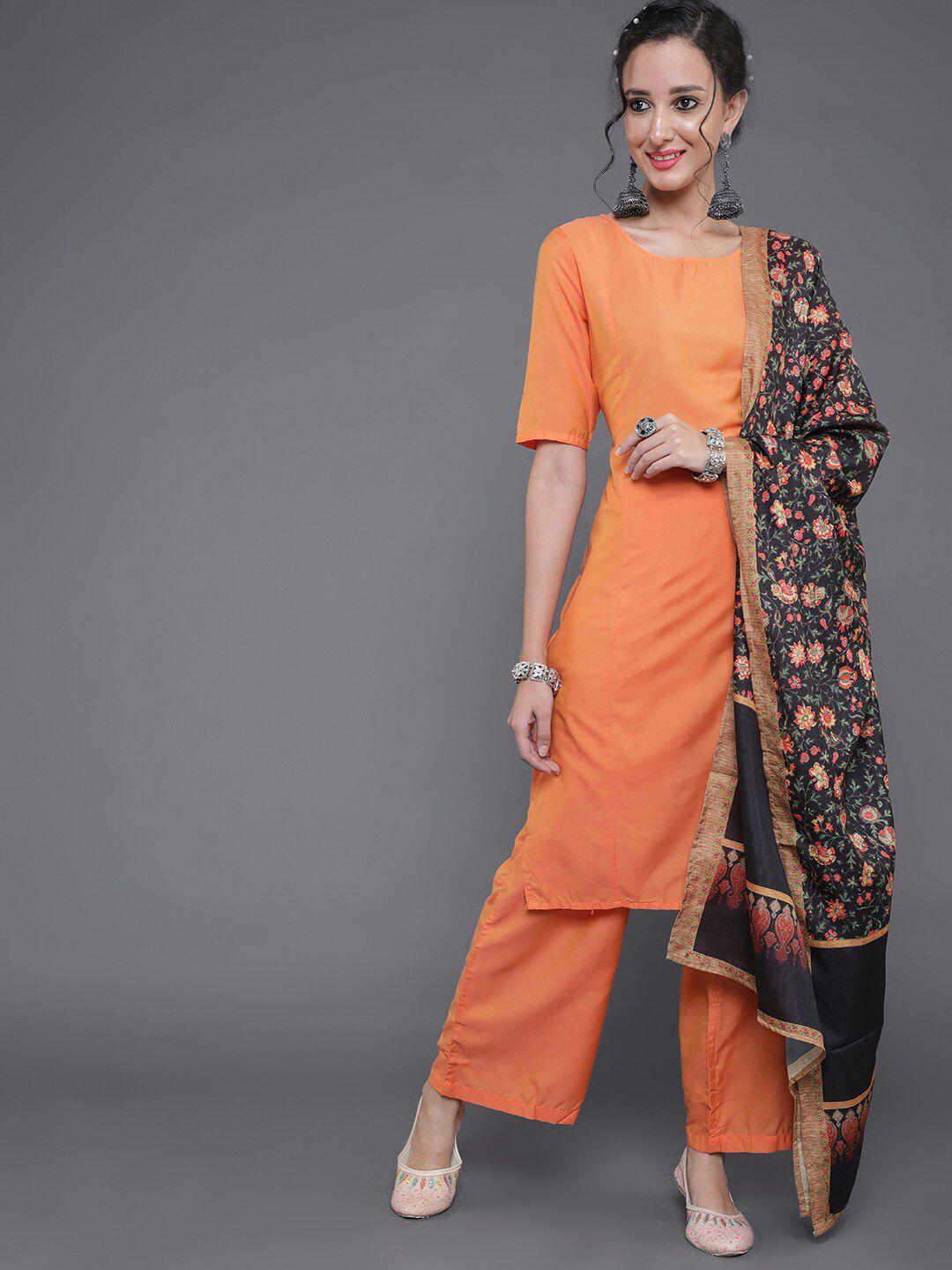 saubhagya women orange kurta with palazzos & with printed dupatta