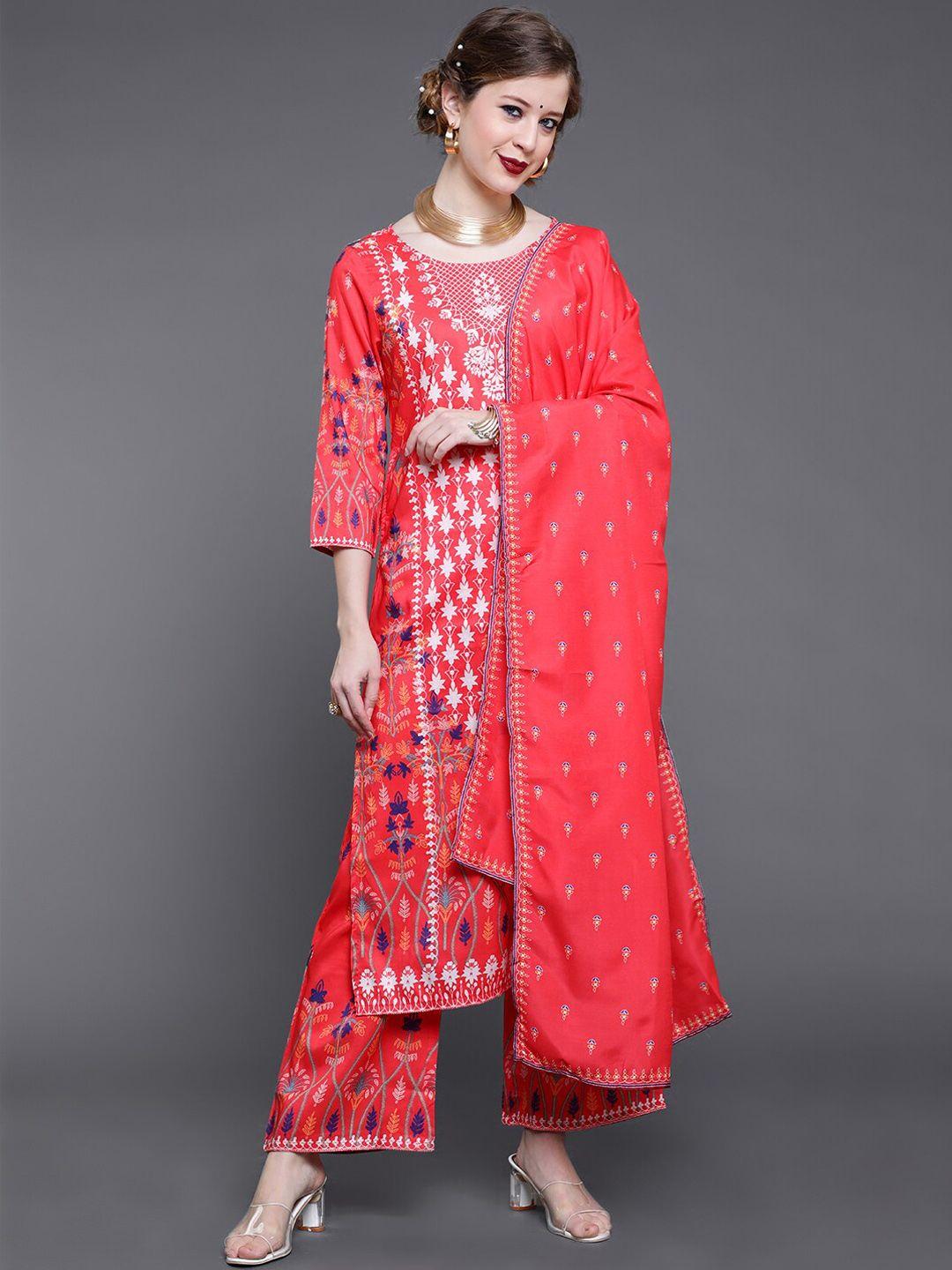 saubhagya women red ethnic motifs embroidered empire kurti with trousers & with dupatta