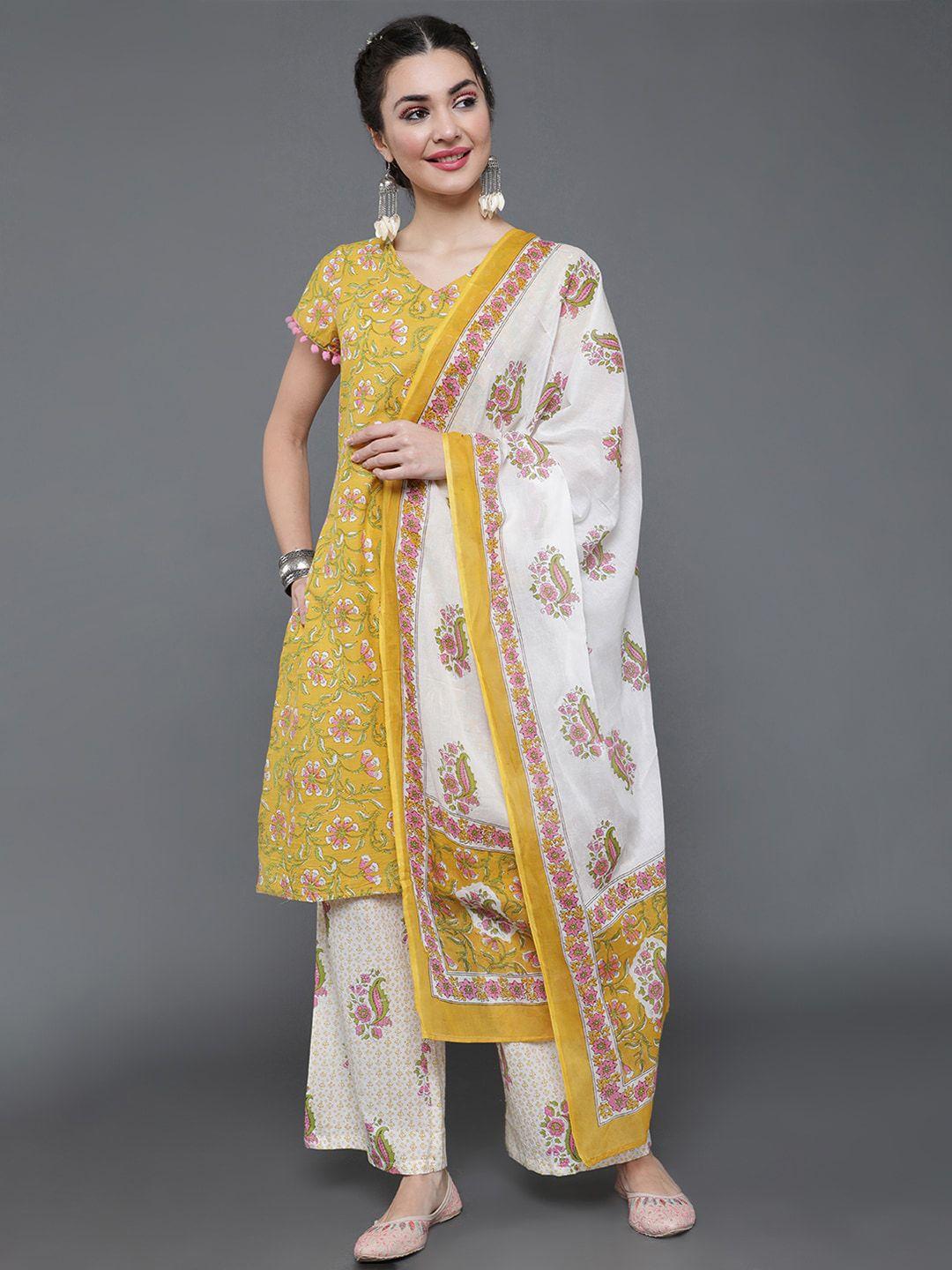 saubhagya women yellow & white floral printed pure cotton kurta set