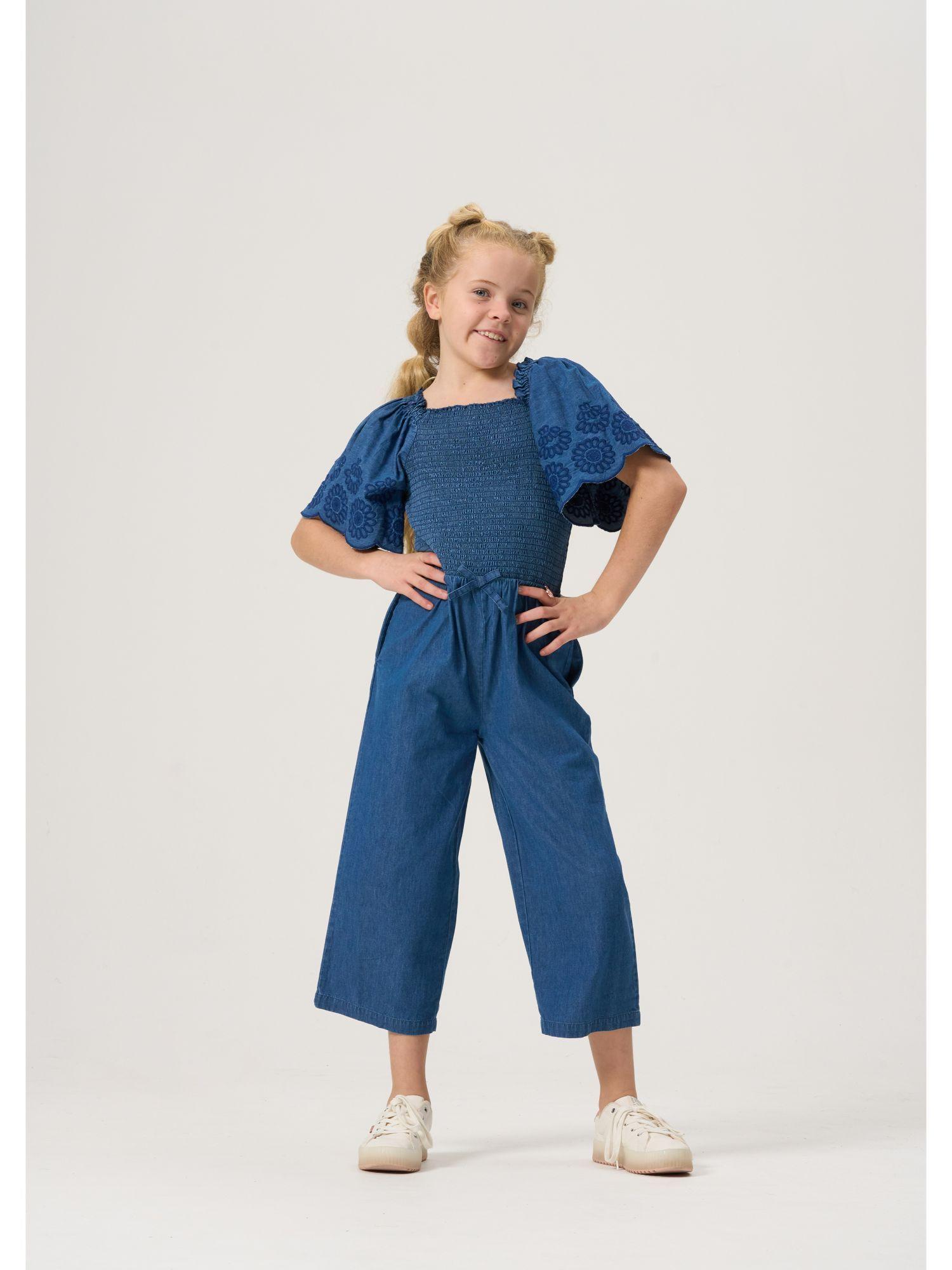 savanah broderie sleeve shirred denim jumpsuit