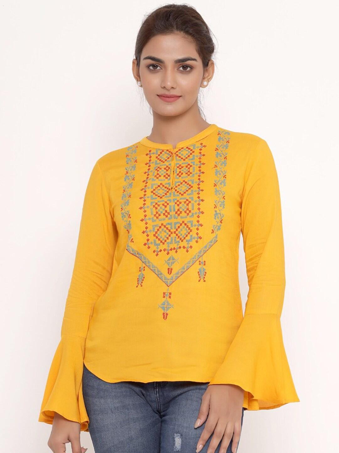 savi mustard yellow embroidered mandarin collar bell sleeve top