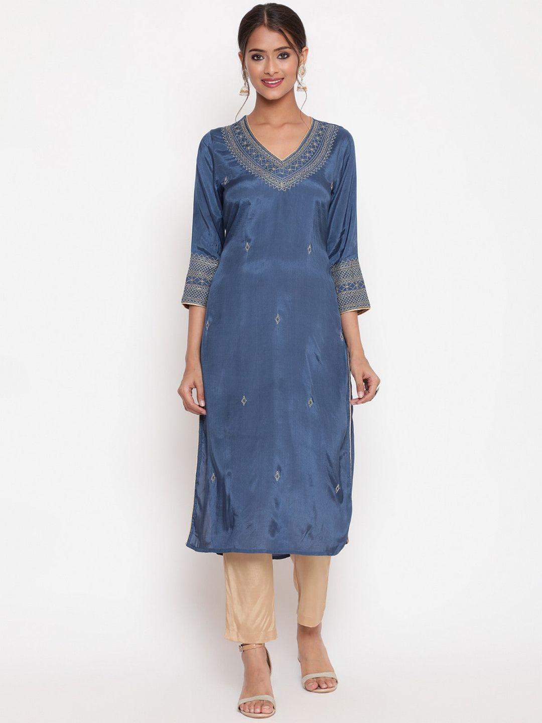 savi women blue ethnic motifs embroidered regular thread work kurta with trousers