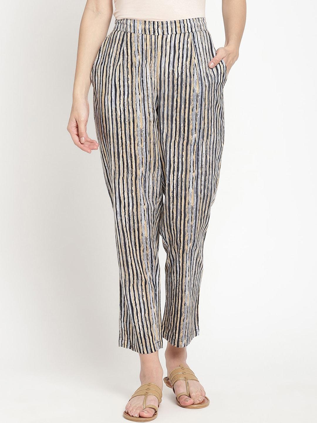 savi women grey striped relaxed straight fit trousers