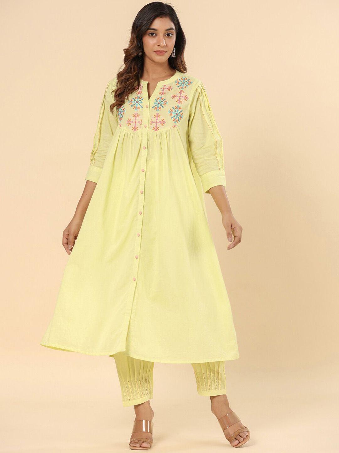 savi ethnic motifs embroidered pure cotton pleated a-line kurta with trousers