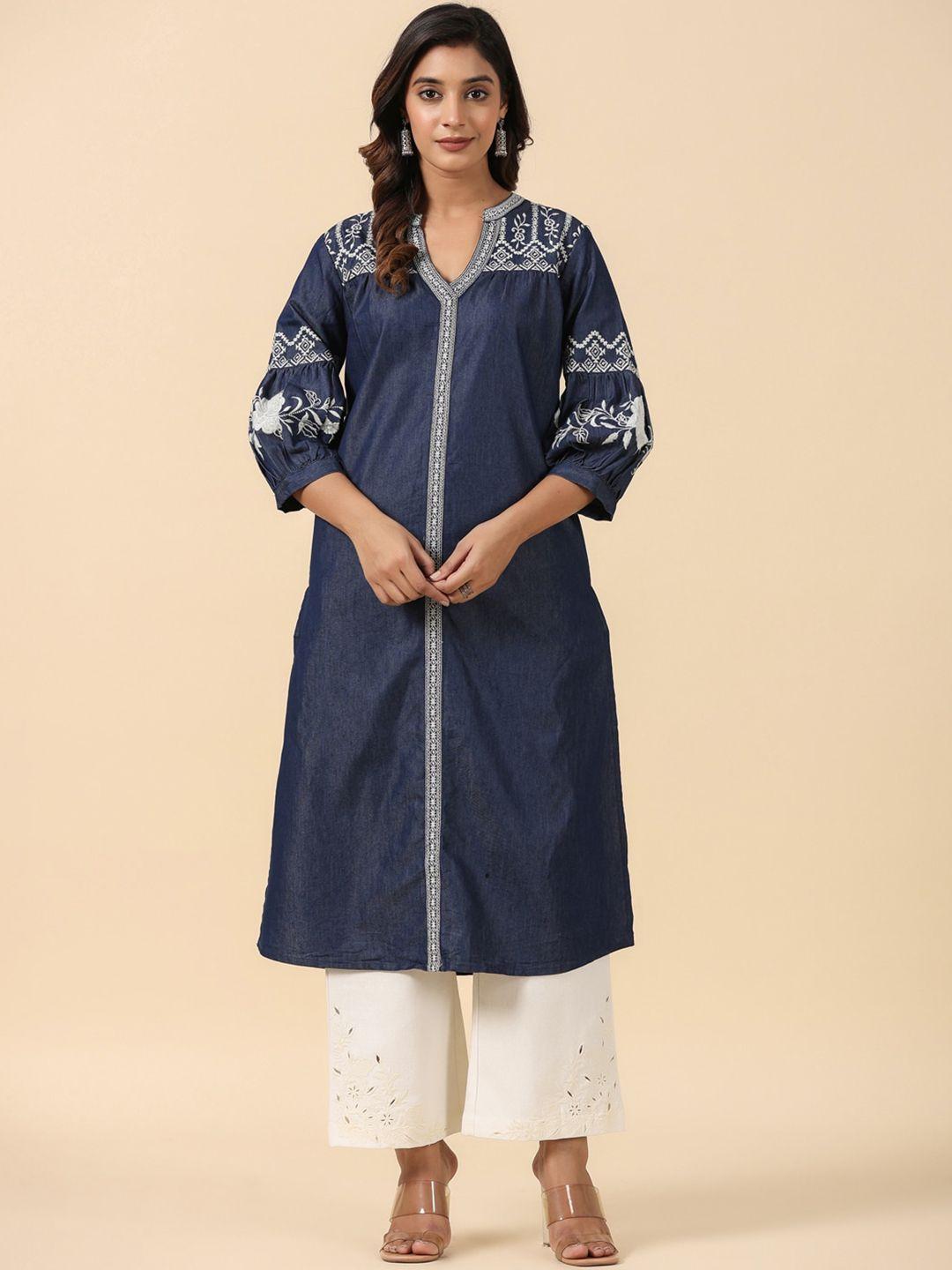 savi ethnic motifs embroidered thread work denim kurta