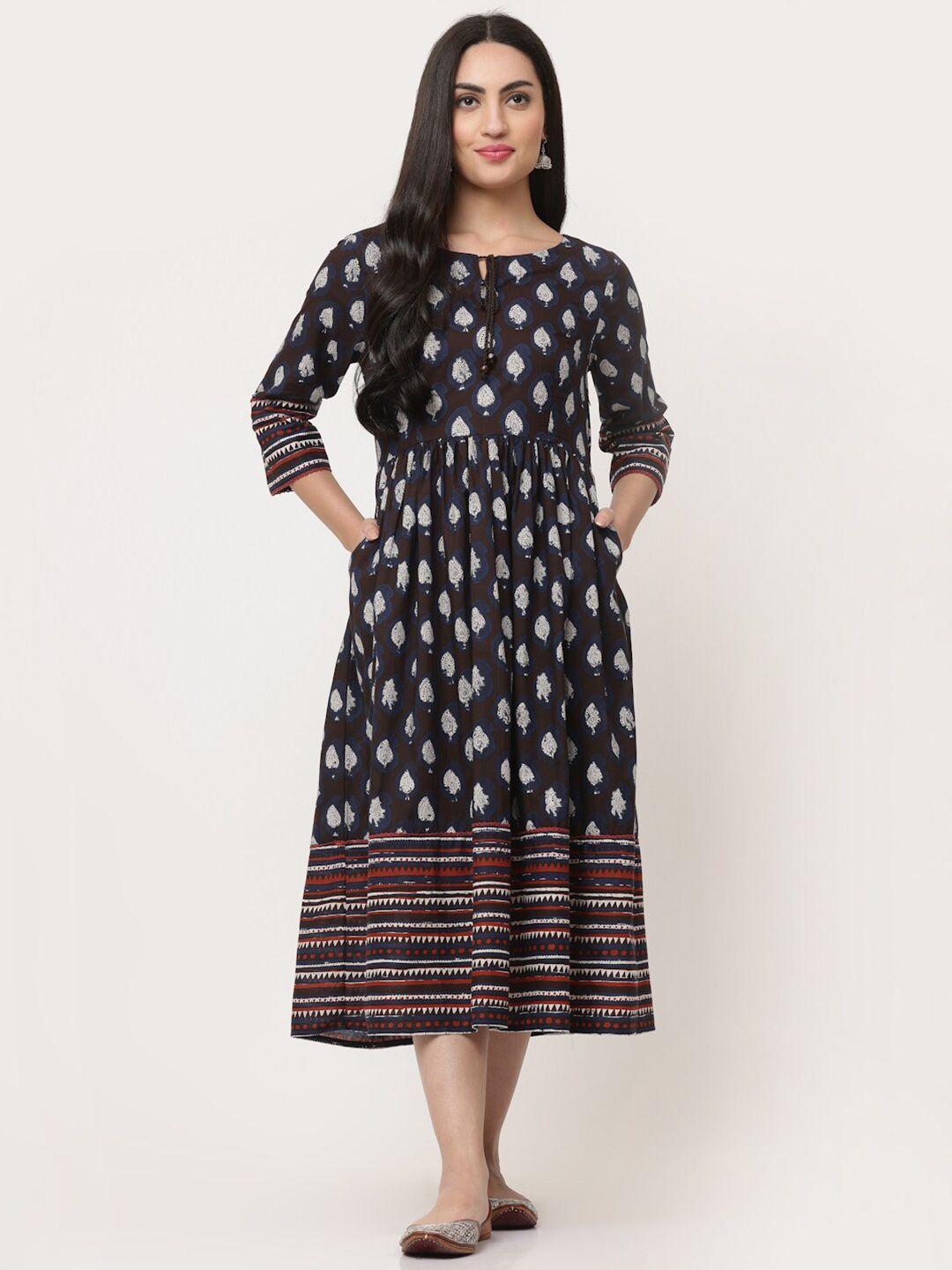 savi ethnic motifs print fit & flare cotton midi dress