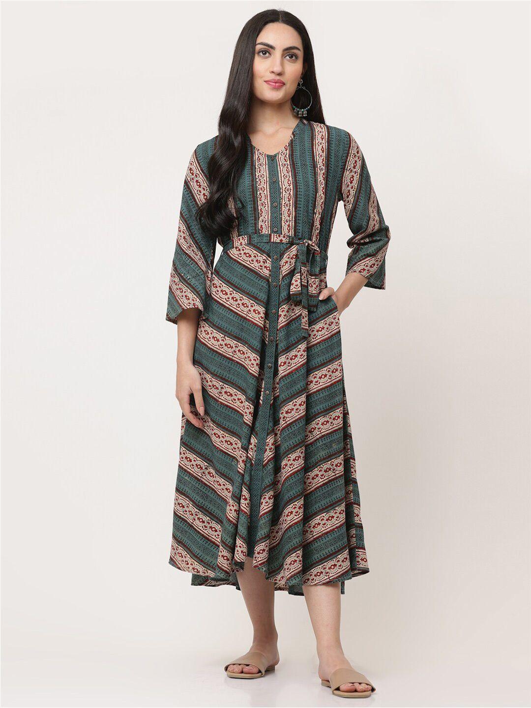 savi ethnic motifs printed belted cotton fit & flare midi dress