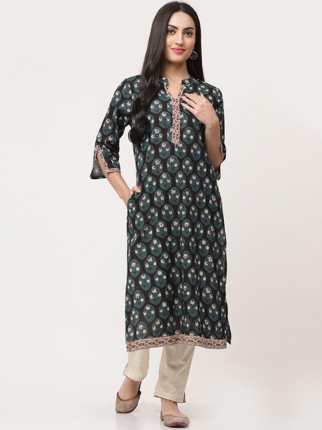 savi ethnic motifs printed mandarin collar cotton straight kurta