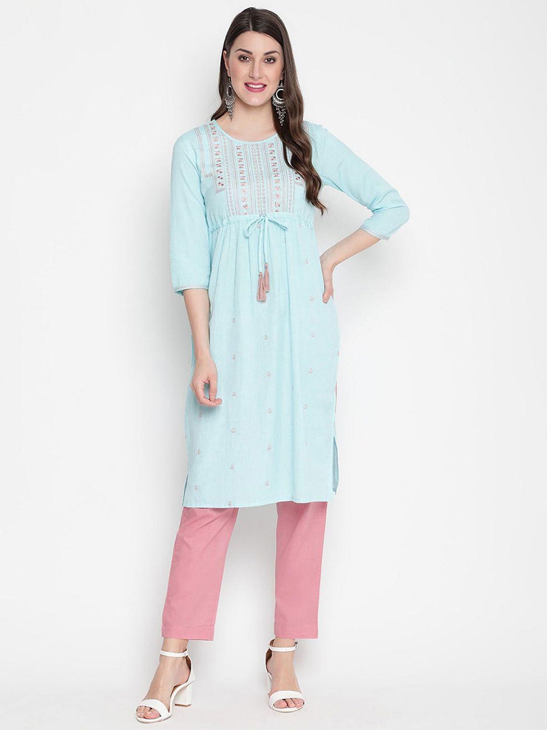 savi floral embroidered a-line cotton kurta