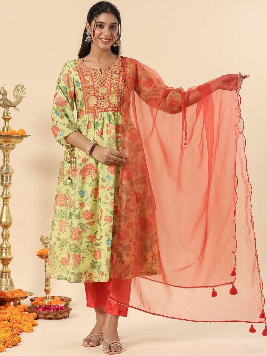 savi floral embroidered anarkali kurta with trousers & with dupatta