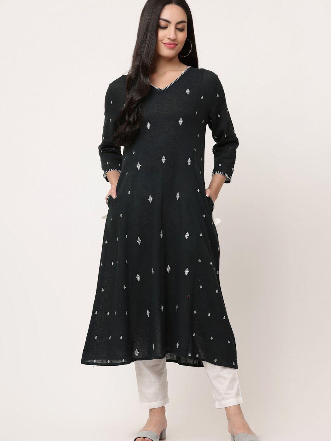 savi floral embroidered cotton v-neck a-line kurta