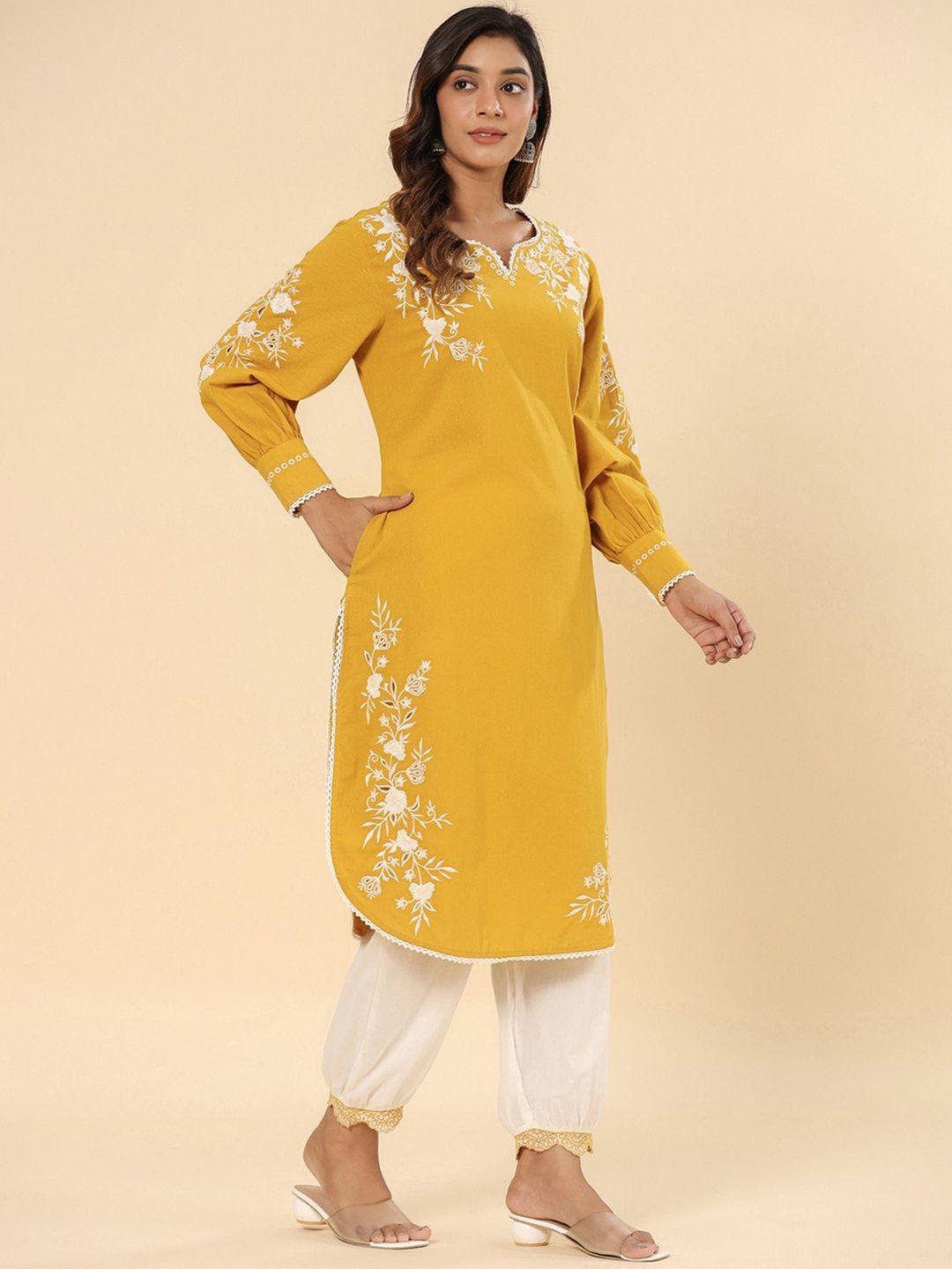 savi floral embroidered yoke pure cotton straight kurta with trousers