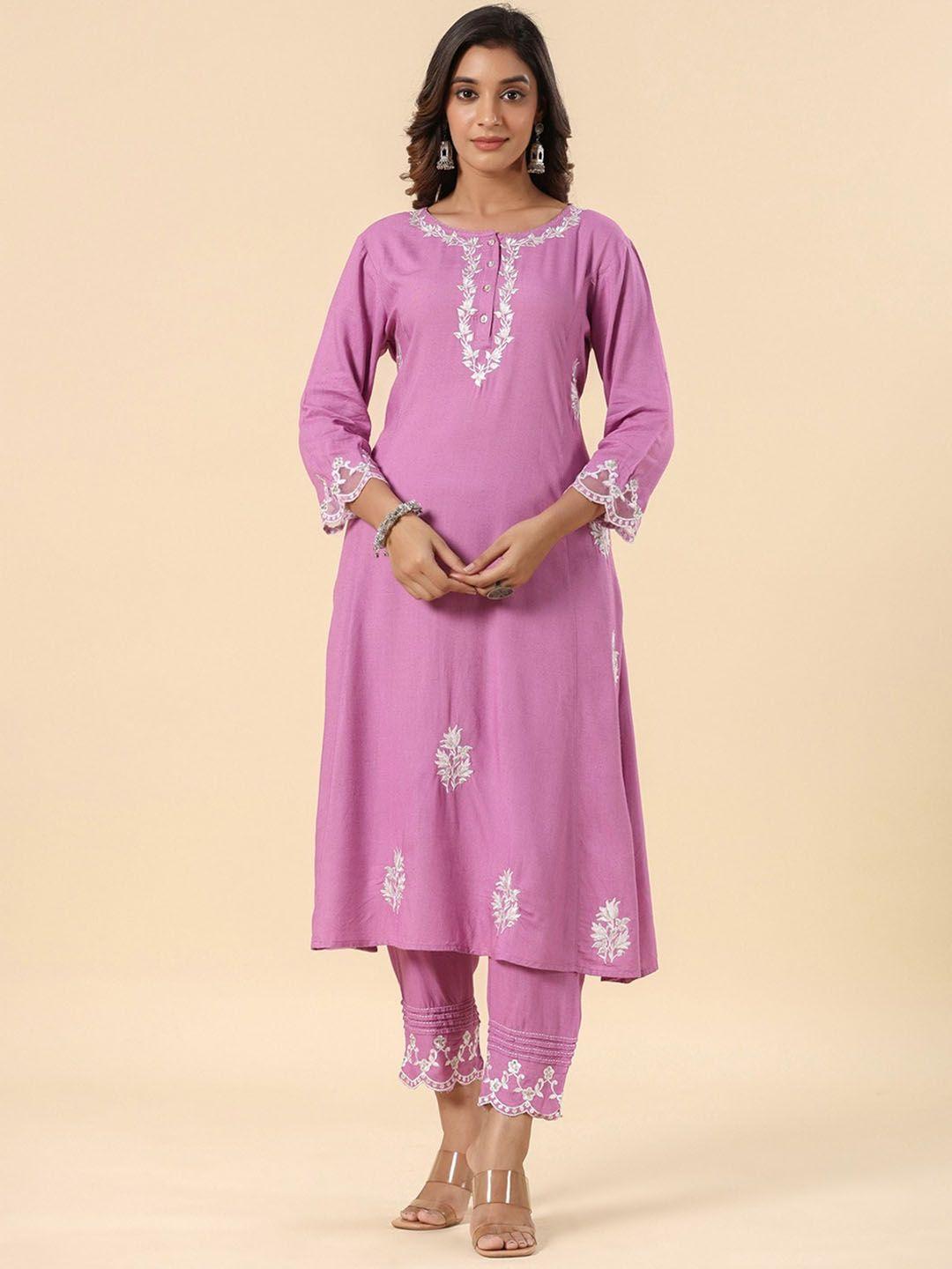 savi floral embroidered yoke straight kurta & trousers with dupatta