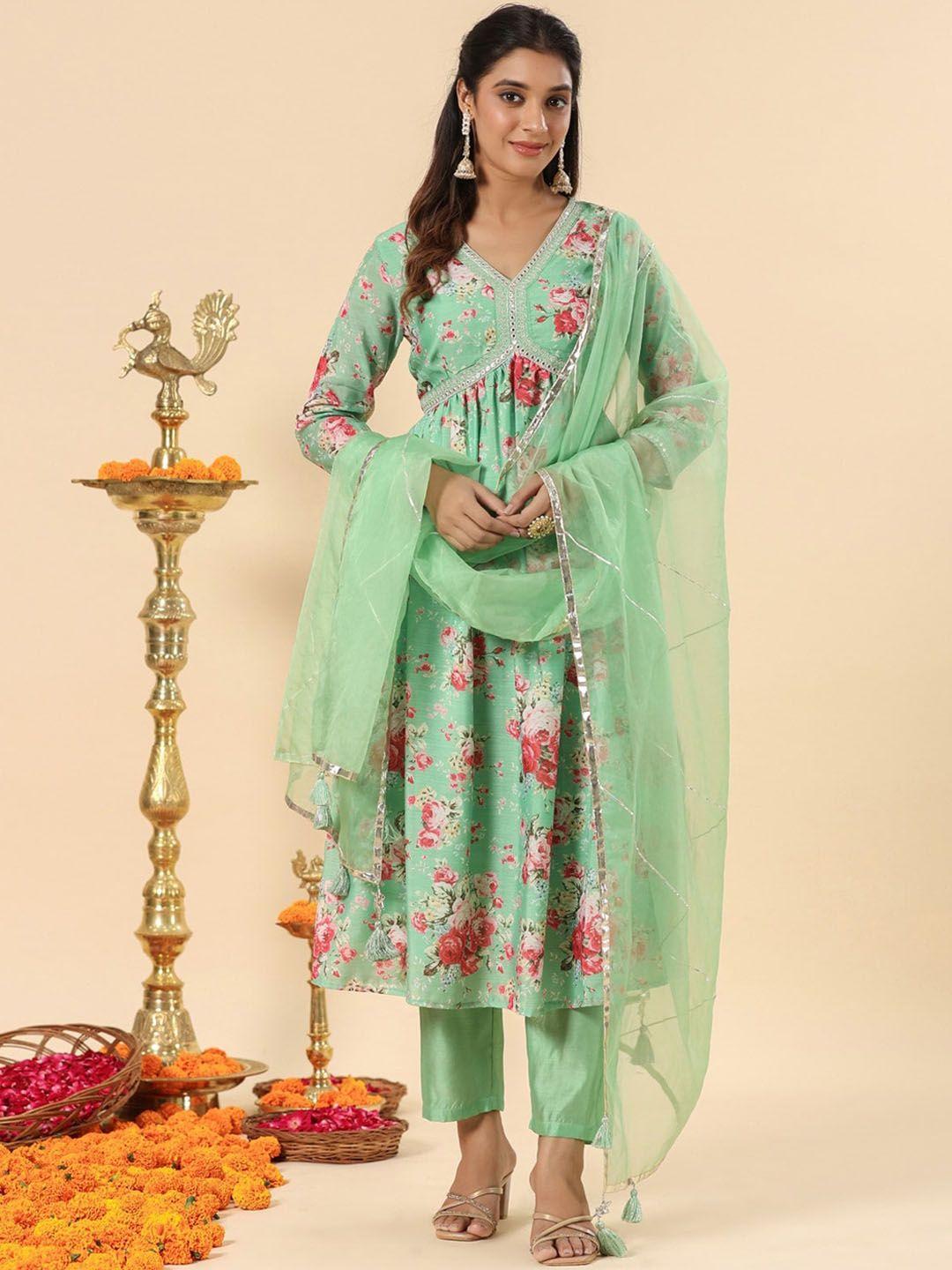 savi floral printed empire mirror work kurta with trousers & dupatta