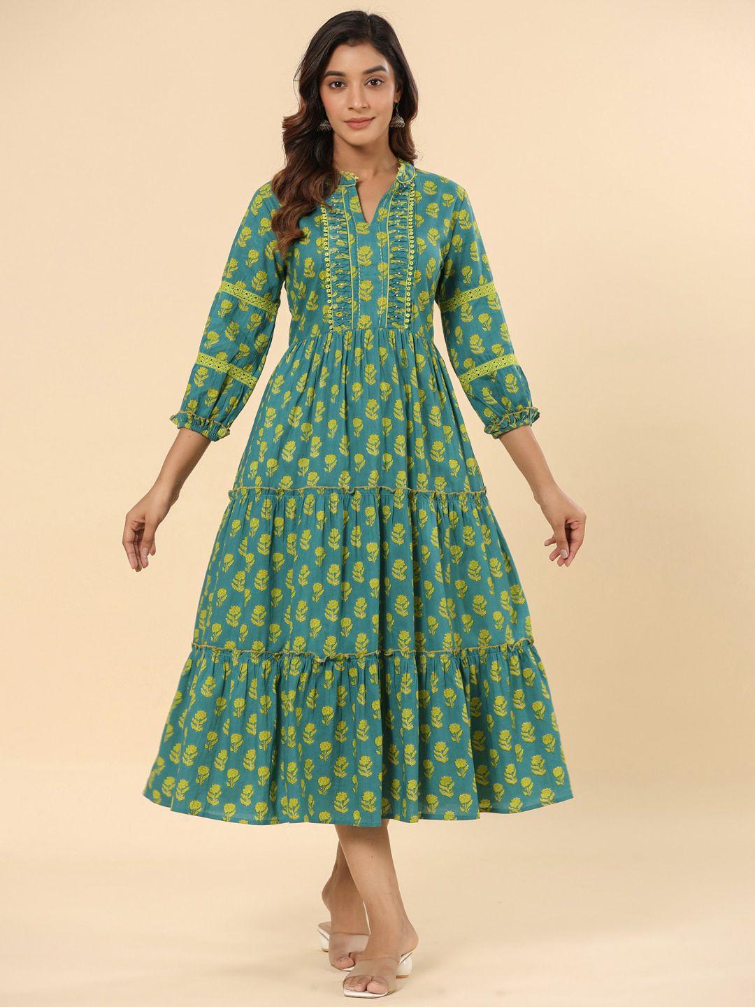 savi floral printed mandarin collar gathered cotton fit & flare ethnic dress