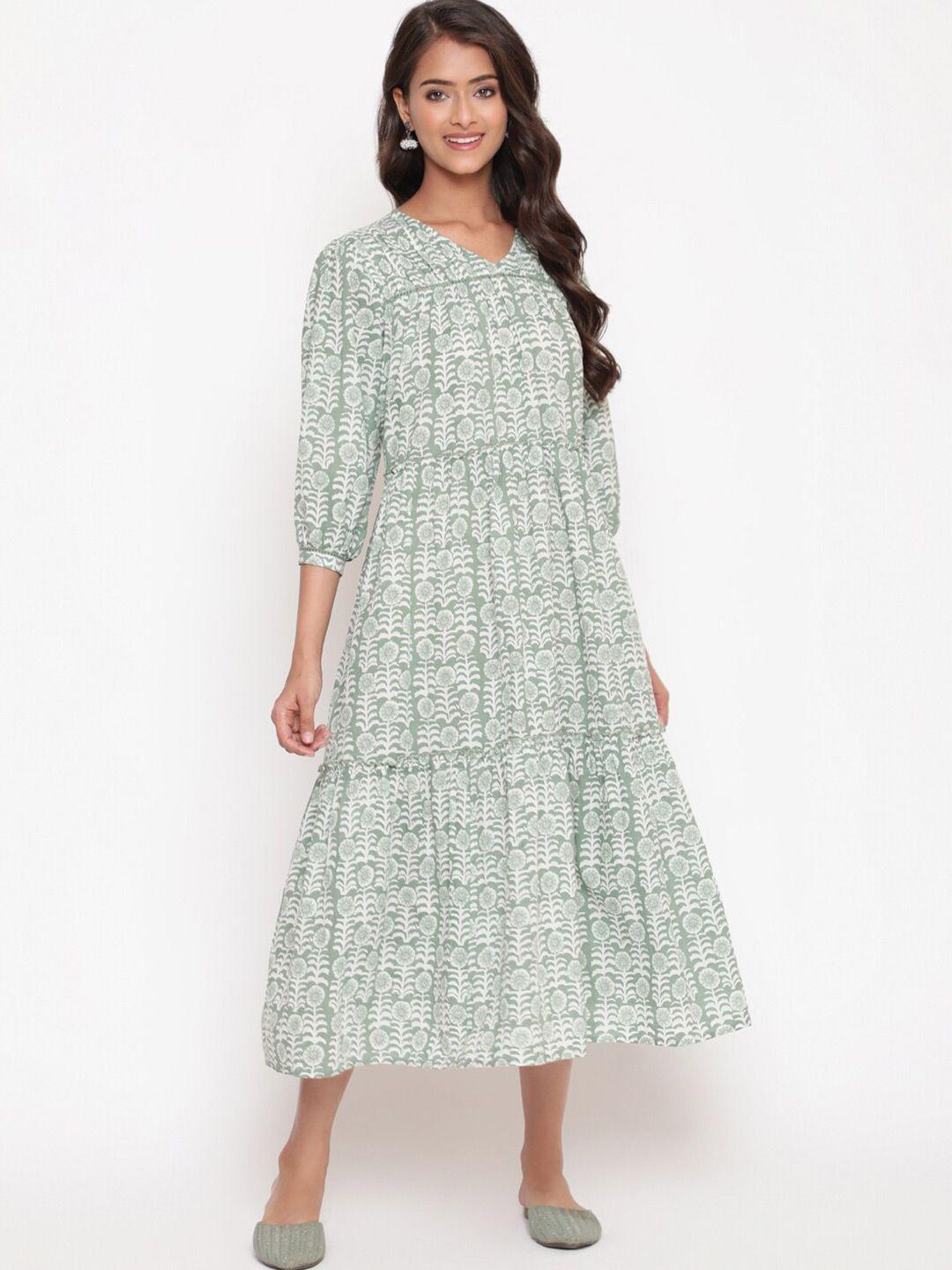 savi floral printed pure cotton a-line midi ethnic dress