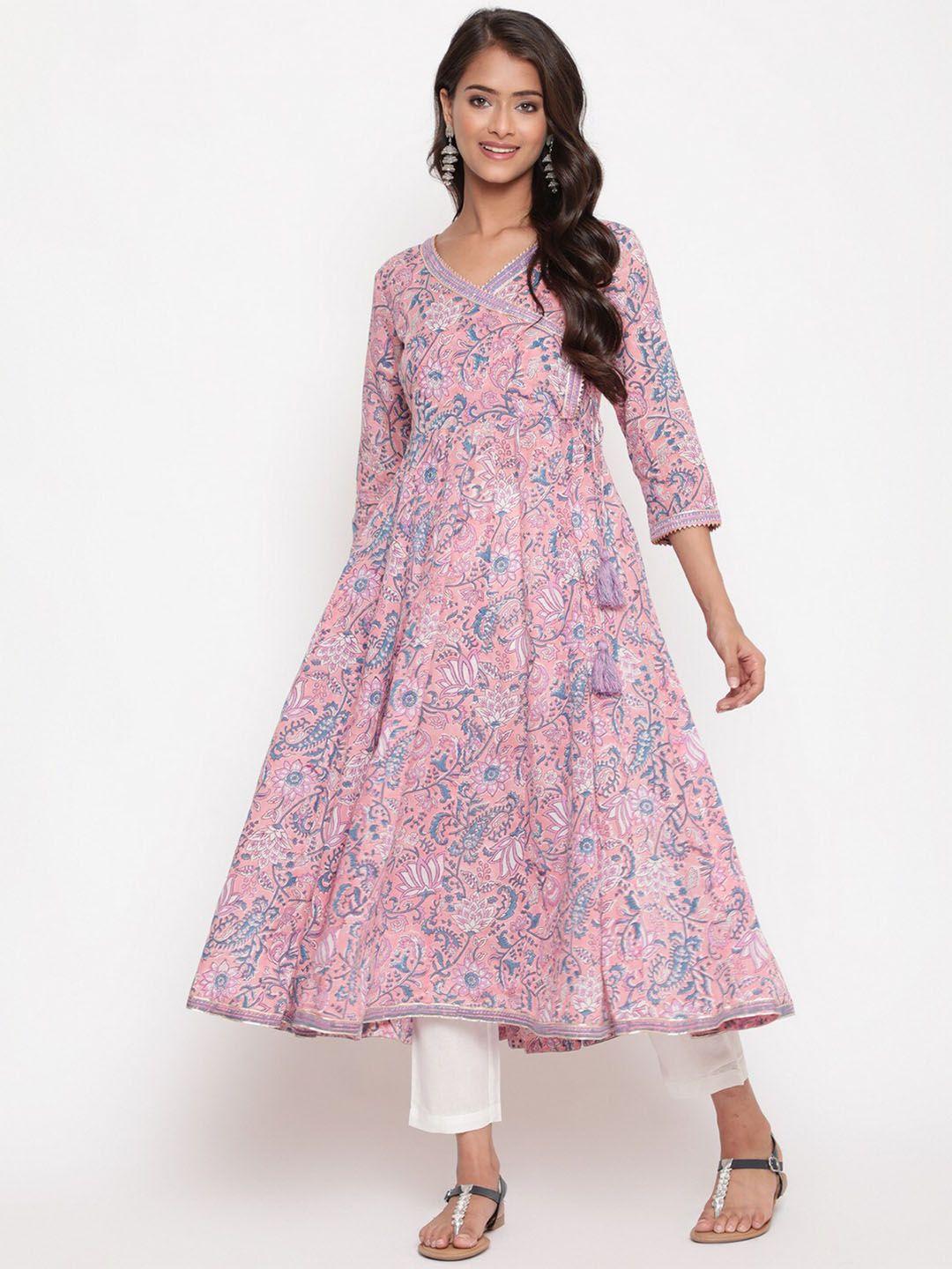 savi floral printed v-neck gotta patti angrakha cotton kurta