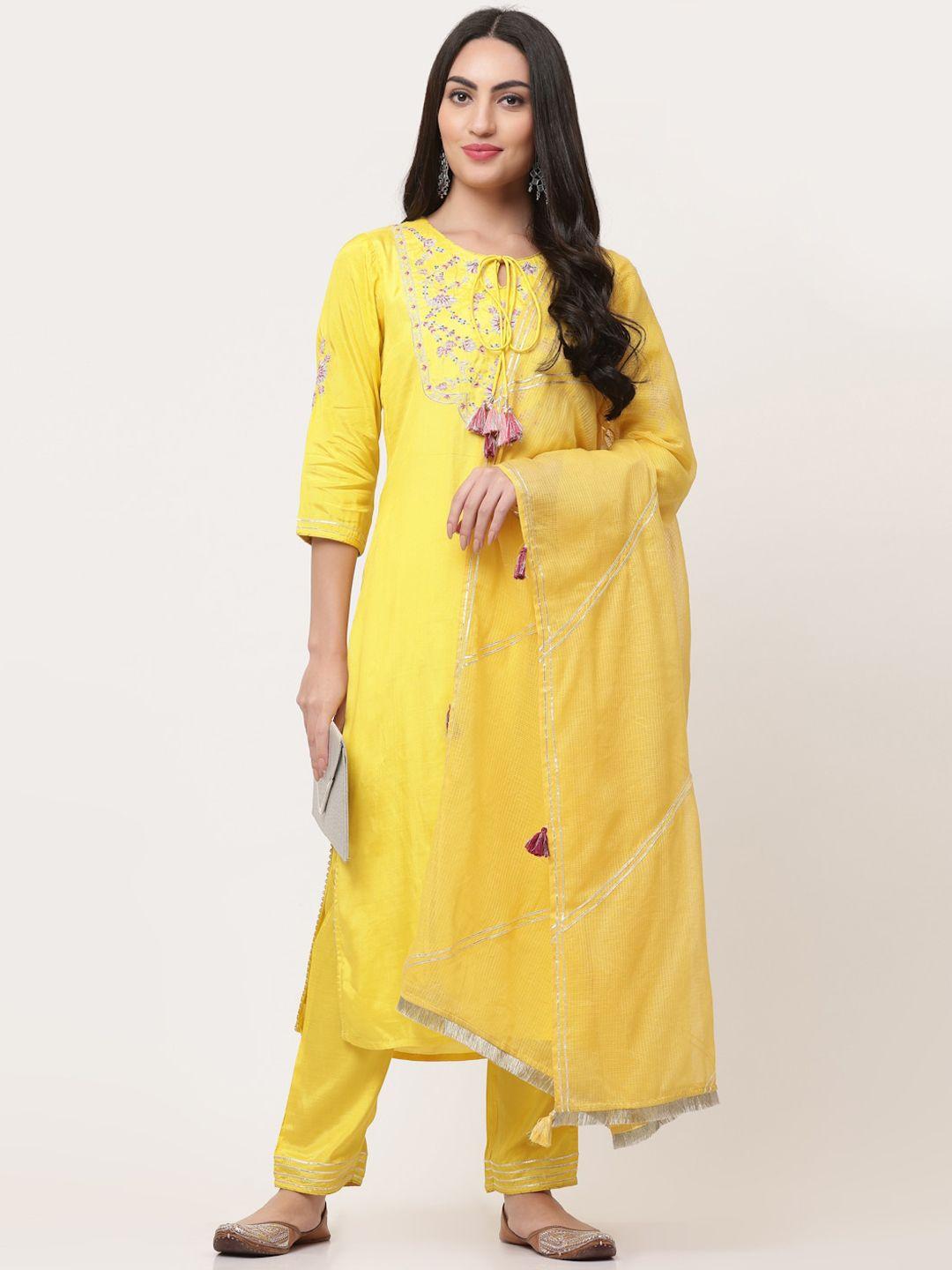 savi floral yoke design thread work straight kurta with trousers & dupatta