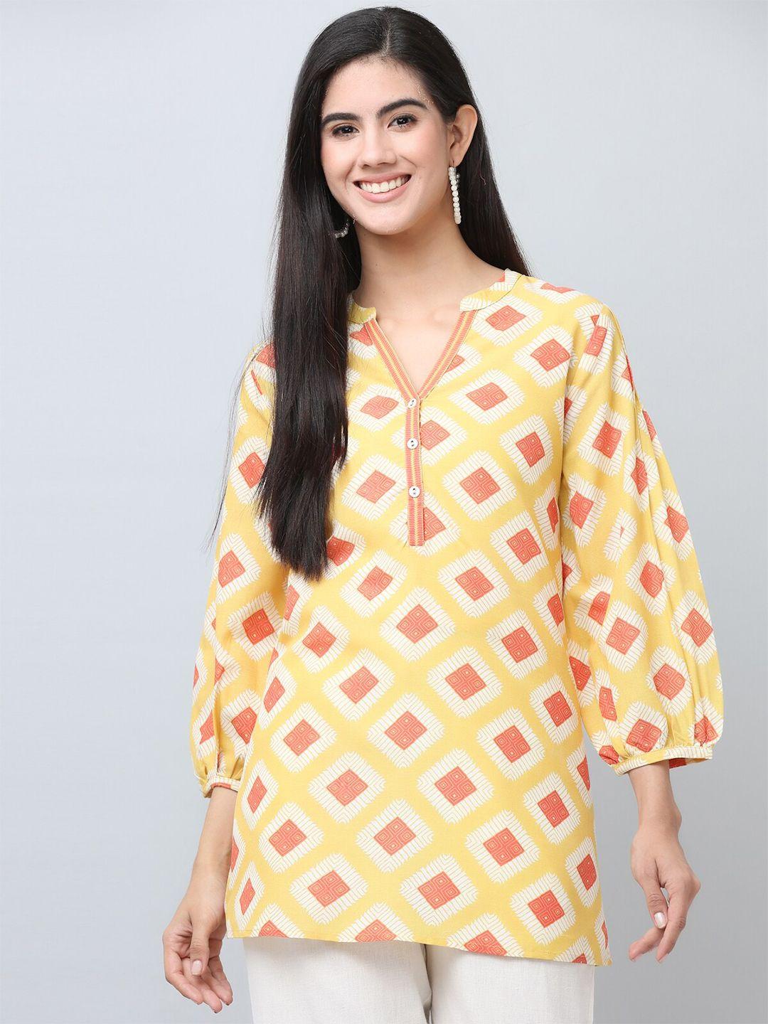 savi geometric printed mandarin collar puff sleeve top