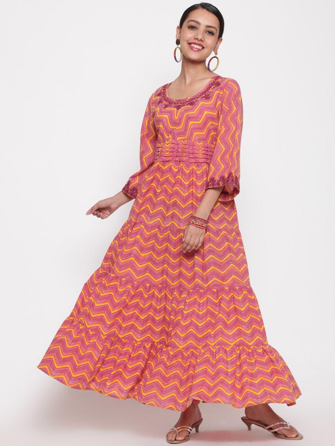 savi geometric printed pure cotton fit & flare maxi ethnic dress
