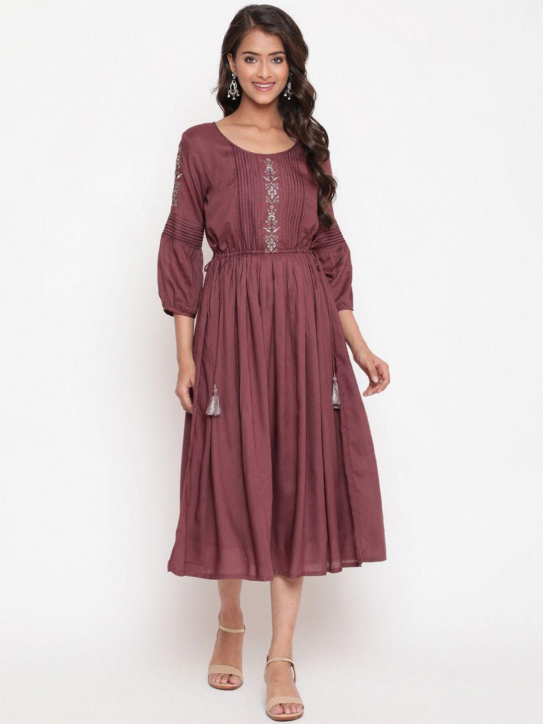 savi maroon puff sleeve fit & flare midi dress