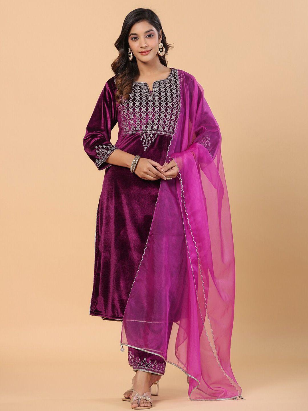 savi notch neck floral embroidered velvet straight kurta with trousers & dupatta