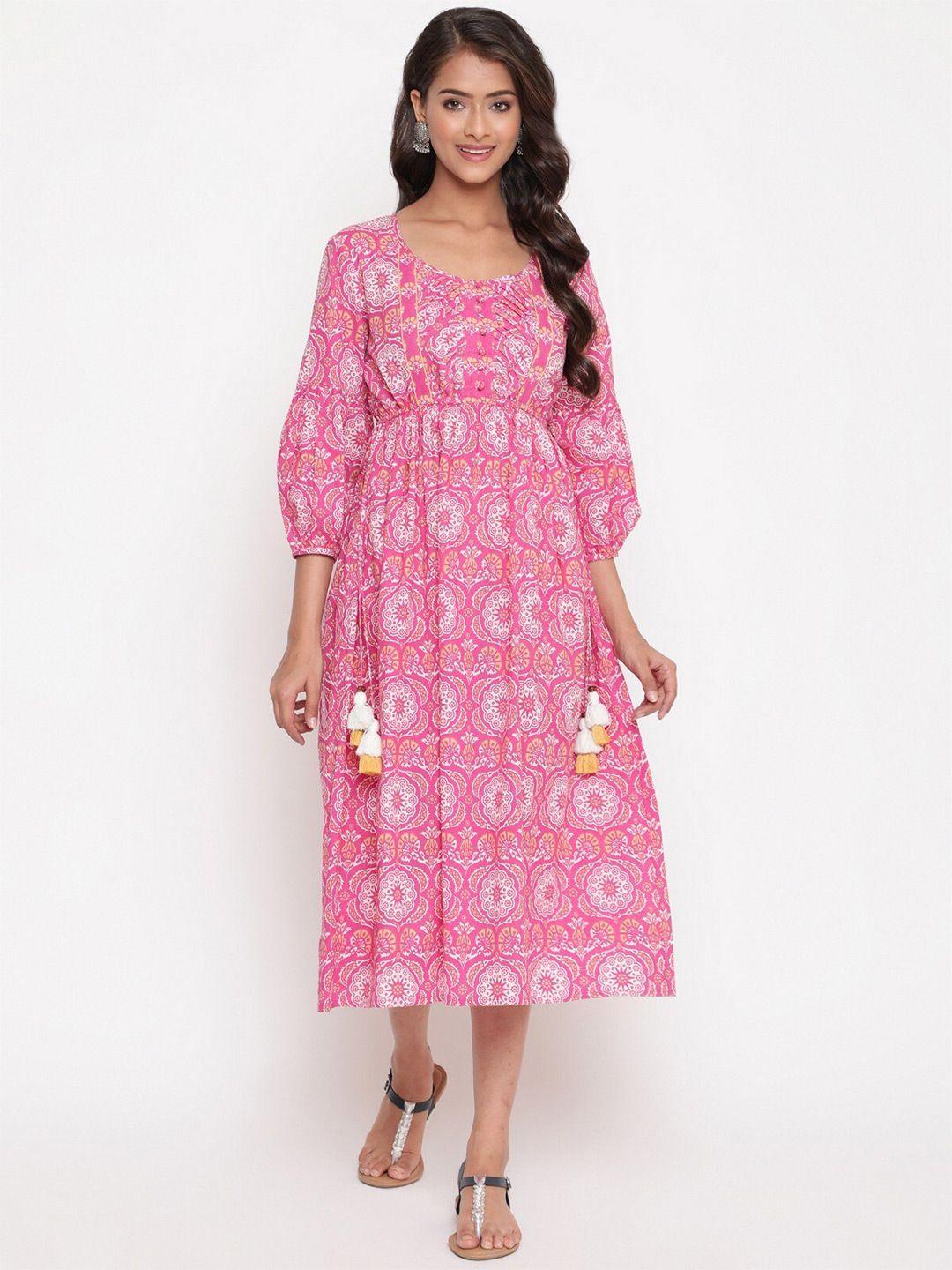 savi pink ethnic motifs print fit & flare midi dress