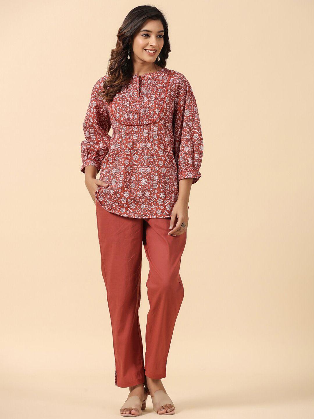 savi printed pure cotton round neck top & flared trouser co-ords