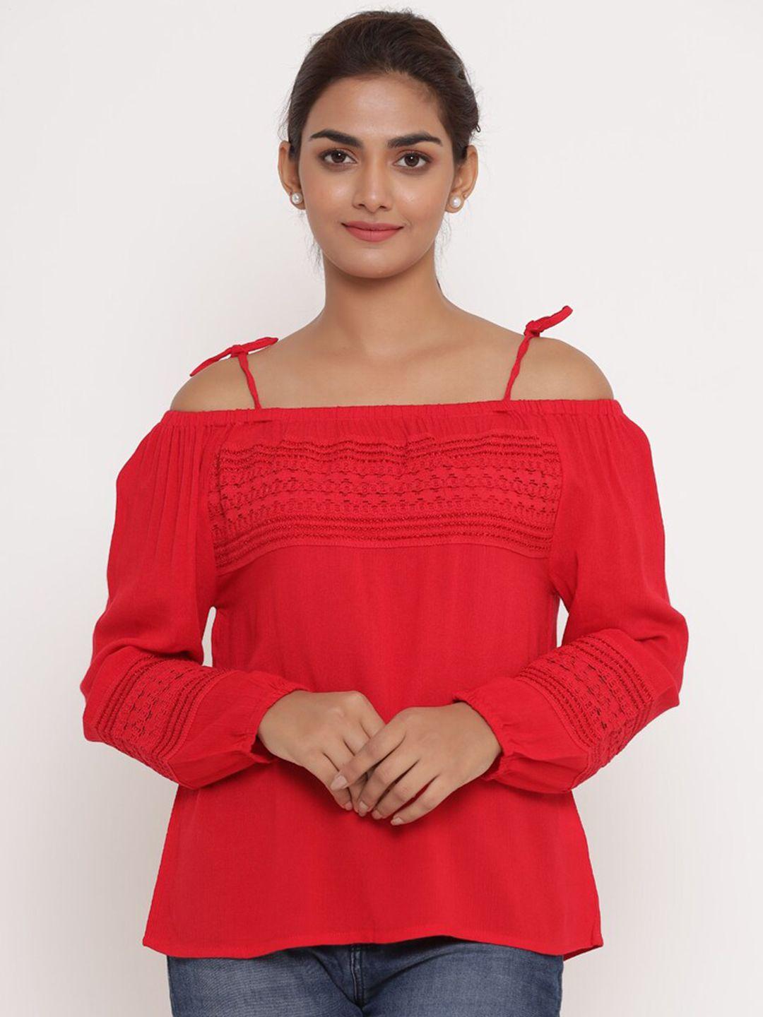 savi red off-shoulder puff sleeve top