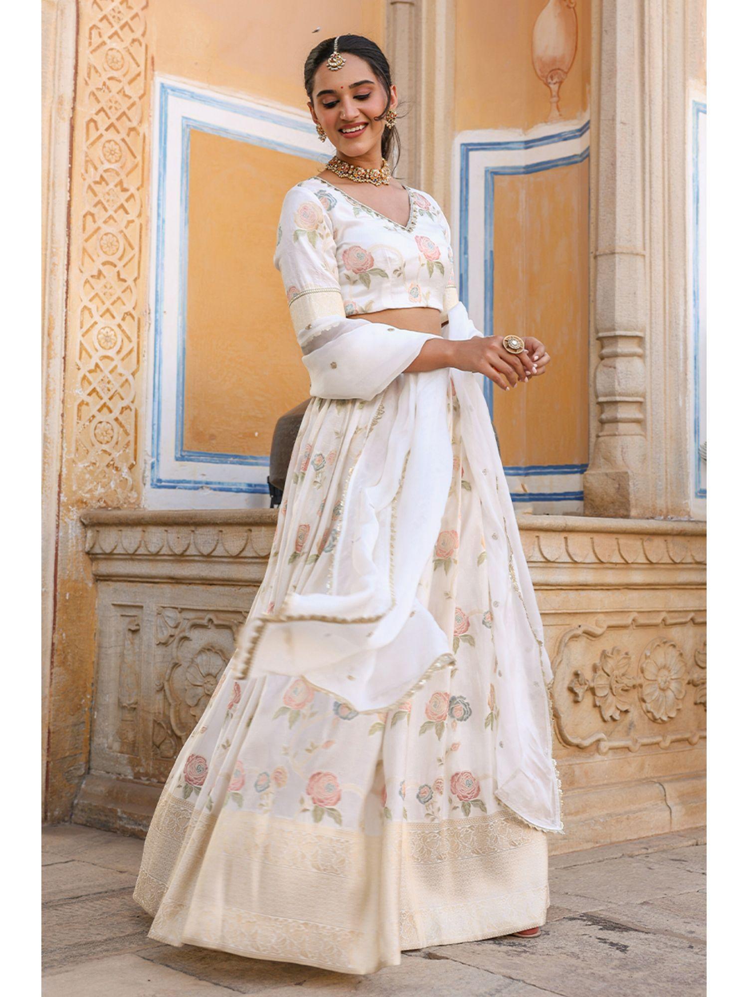 savi white floral printed jacquard lehenga (set of 3)