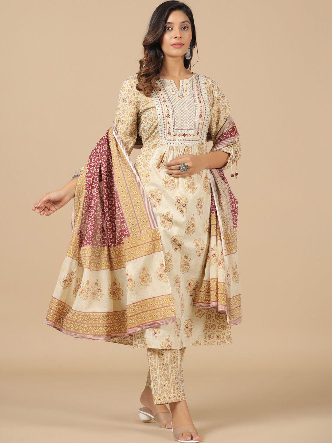 savi women beige floral printed regular pure cotton kurta with trousers & with dupatta