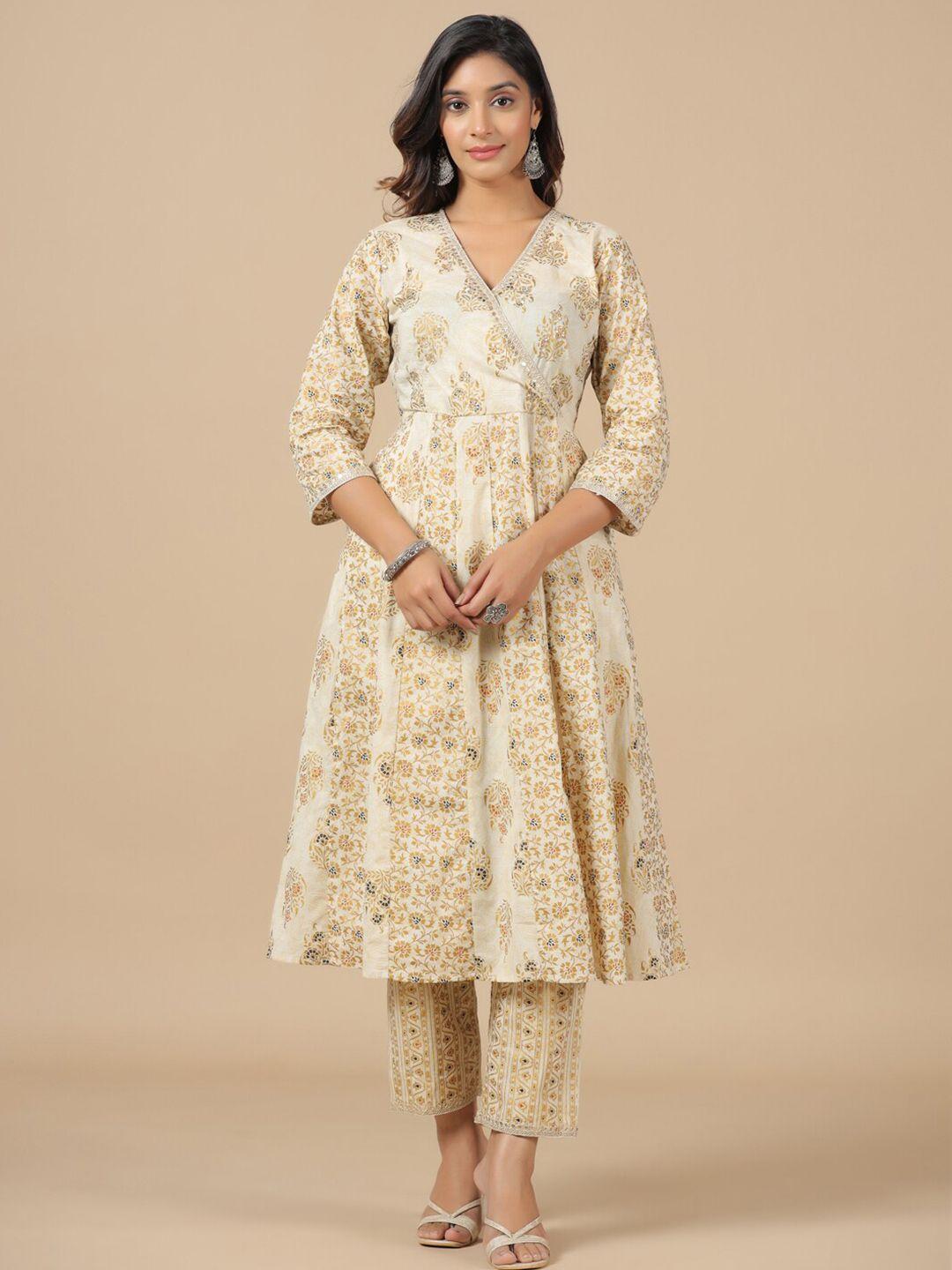 savi women beige floral printed regular sequinned pure cotton kurta with trousers & with dupatta