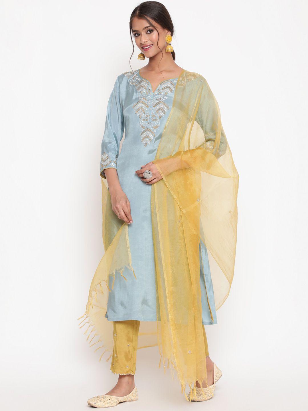 savi women blue embroidered regular kurta with trousers & with dupatta